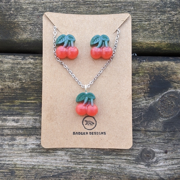 Badger Designs Jewelry - Handcrafted Cherry Necklace and Earring Set